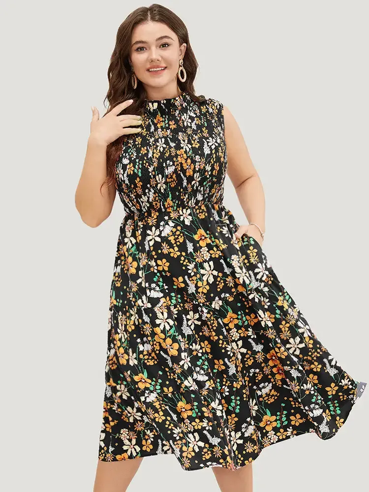 Floral Shirred Mock Neck Cut Out Pocket Ruffle Hem Dress