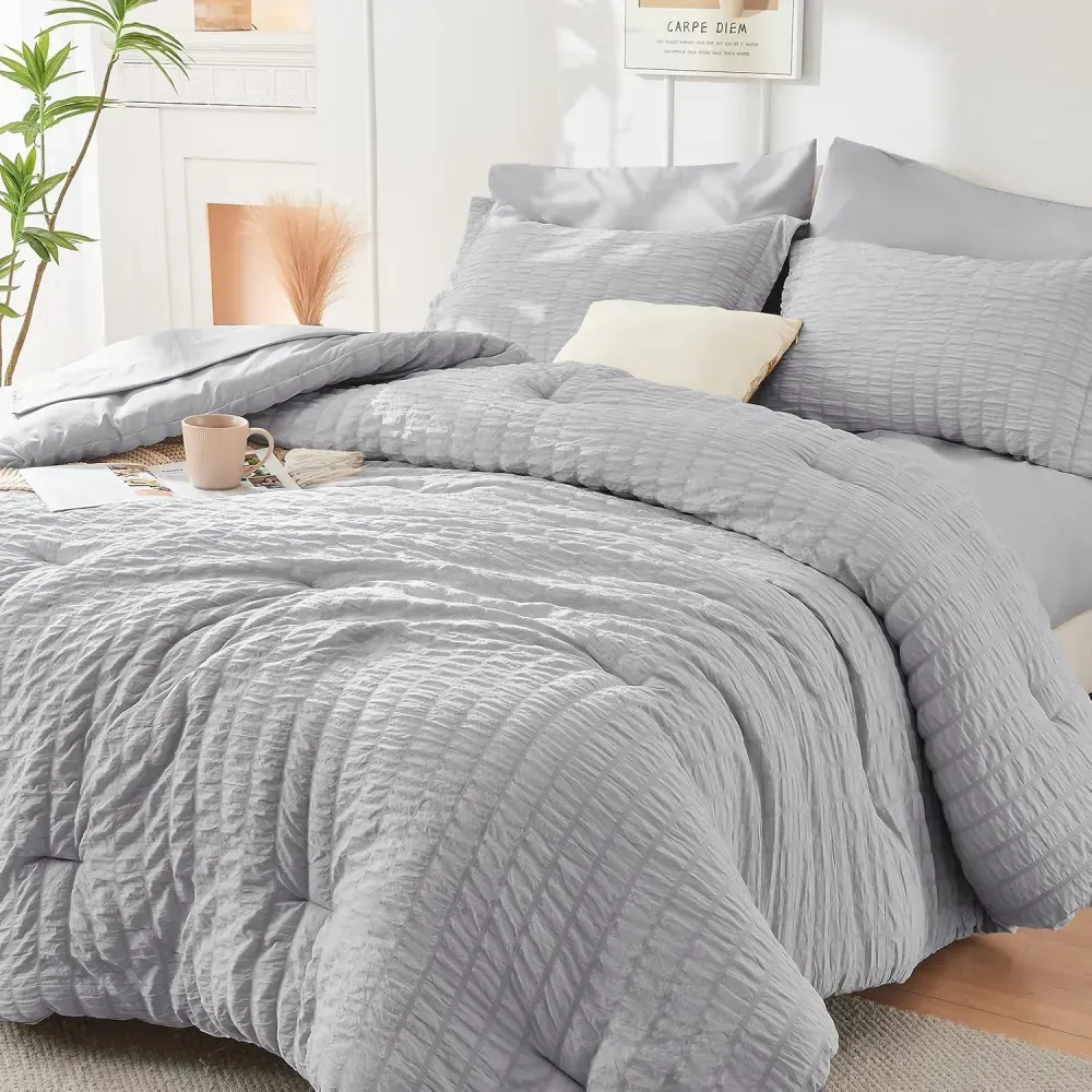 Queen Comforter Set Seersucker 7 Pieces, All Season Luxury Bed in a Bag for Bedroom, Bedding Set with Comforters, Sheets, Pillowcases & Shams, Dark Grey