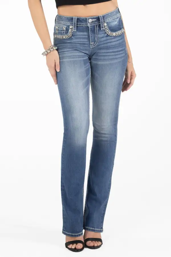 Gold Floral Stitch Border Bootcut Denim