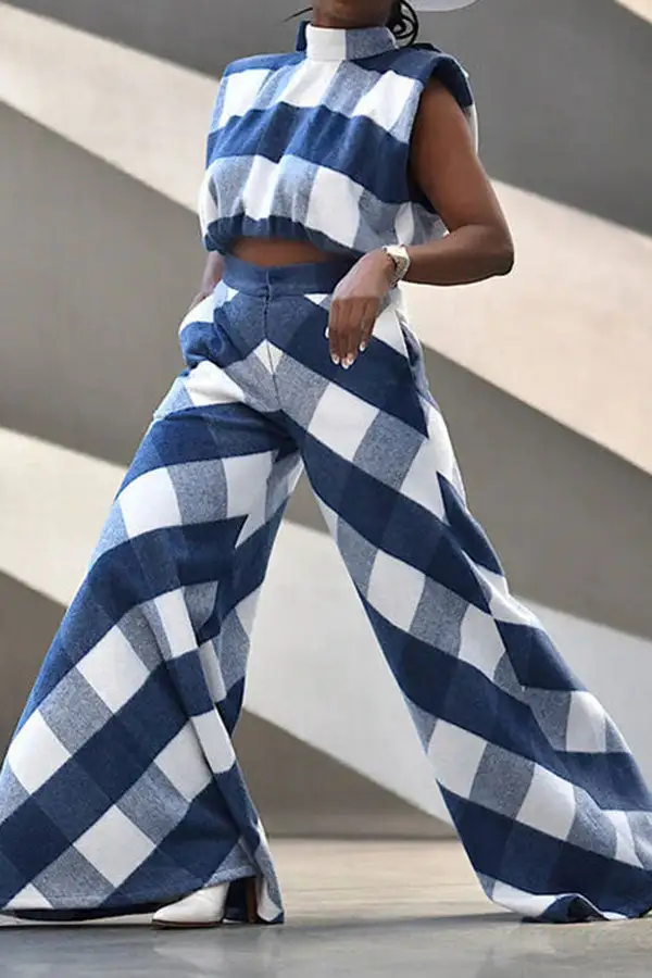 Checked Unusual Bow Tie Wide Leg Pant Suit
