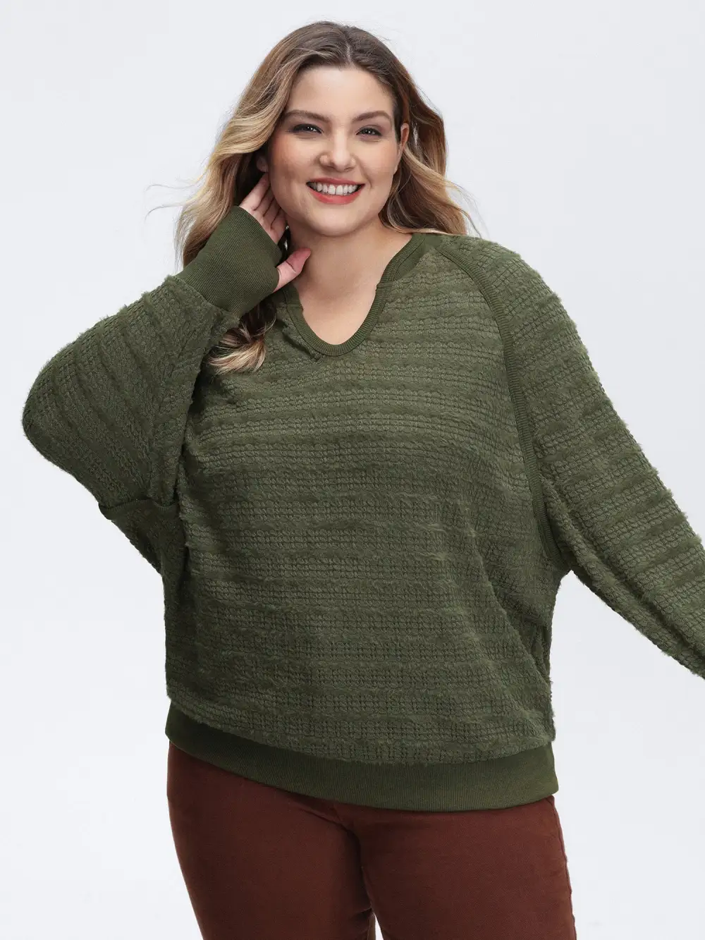 Textured V-Neck Dolman Sleeve Sweatshirt