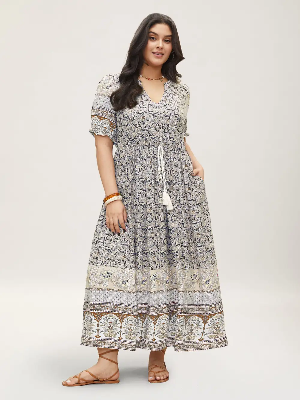 Boho Print Notched Ties Tassel Trim Dress