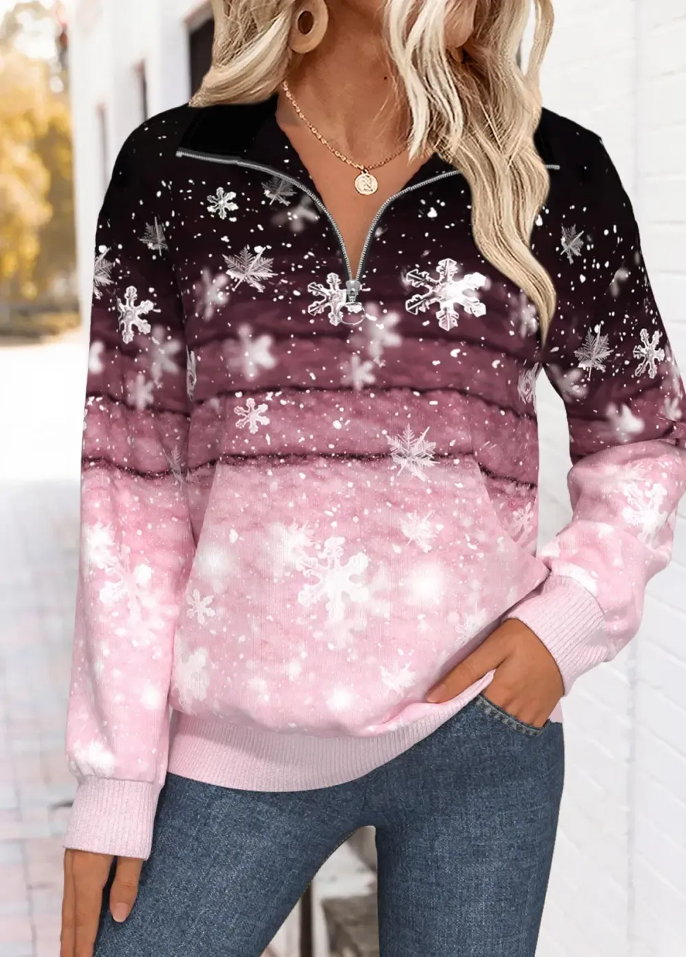 Pink Tummy Coverage Snowflake Print Long Sleeve Sweatshirt