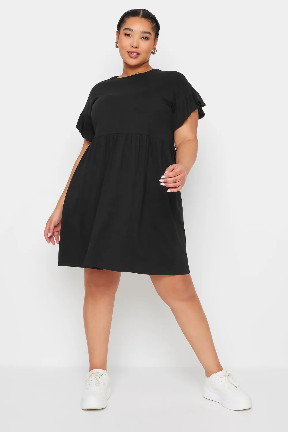 YOURS Curve Black & White Stripe Frill Sleeve Smock Tunic Dress