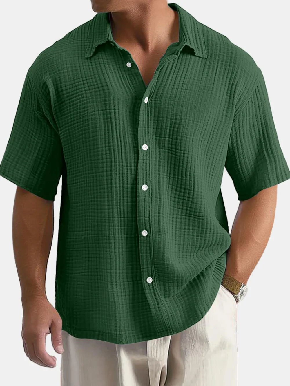 Men's Casual Summer 100% Cotton Solid Color Short Sleeve Shirt