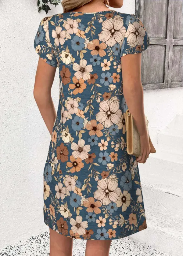 Multi Color Floral Print Short Split Neck Dress