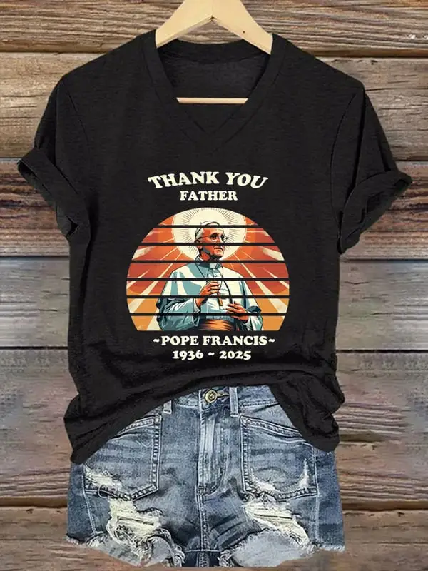 Women's Thank You Father 1936-2025 Print Short Sleeve V-Neck Cotton T-Shirt