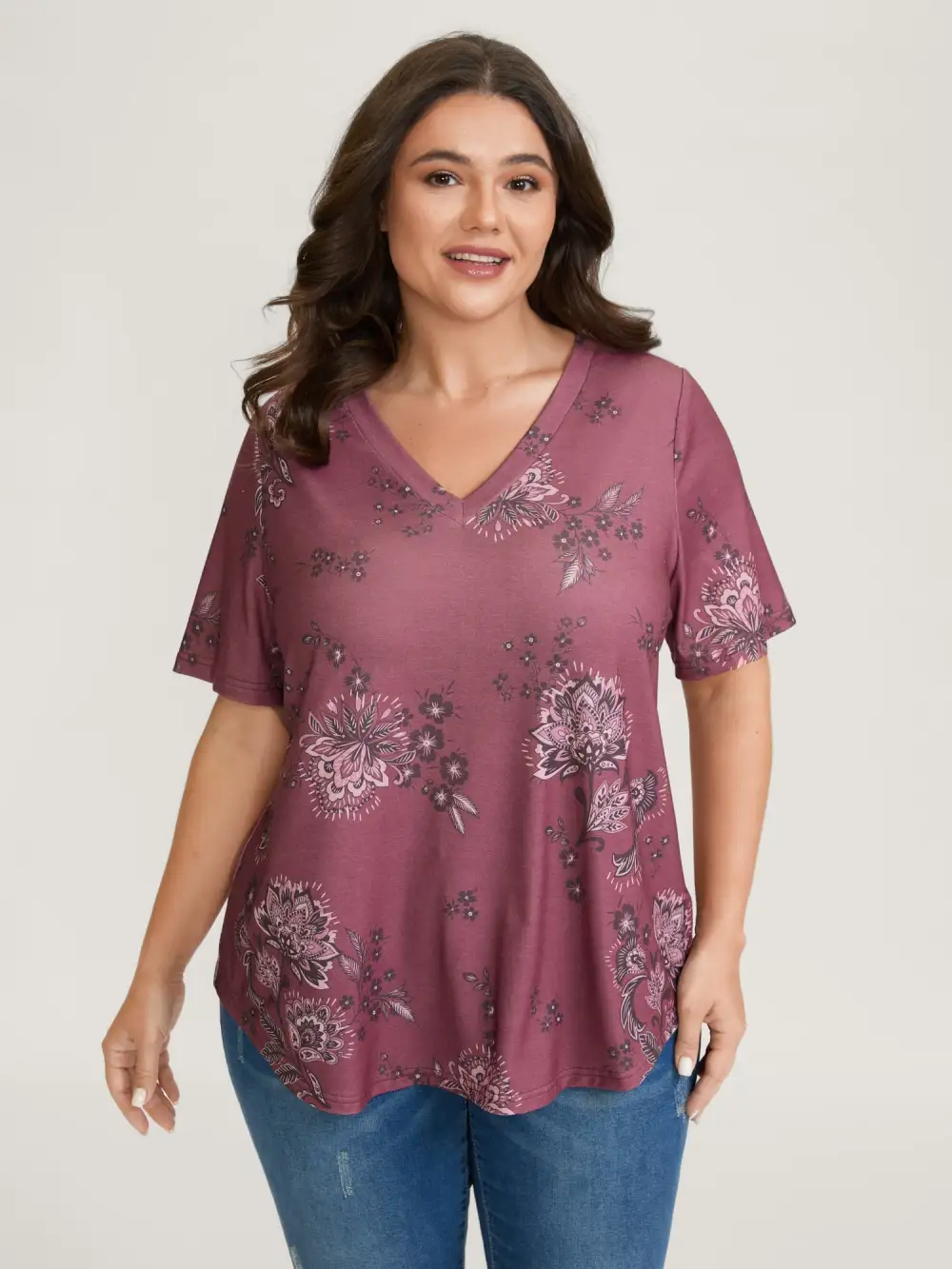 Floral V-Neck Drapey T-Shirt