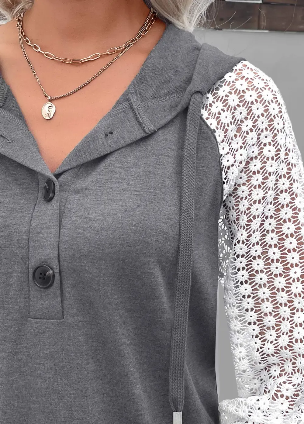 Grey Button Short Sleeve Hooded T Shirt