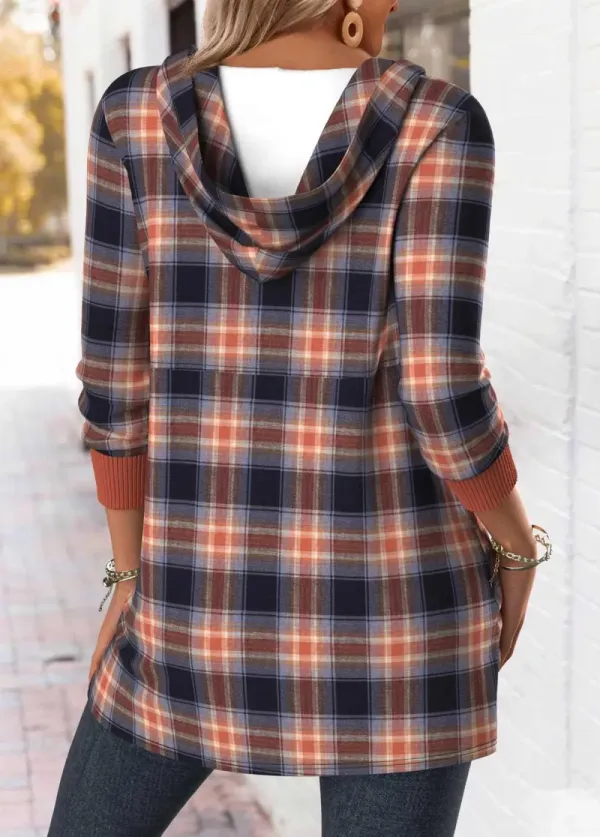 Multi Color Tummy Coverage Plaid Long Sleeve Hoodie