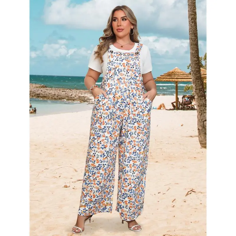 Plus Size Wide-Leg Jumpsuit with Pockets – Adjustable & Casual Fit for Summer
