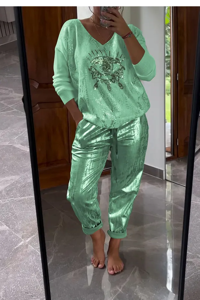 Women's fashionable sequin embroidered eye top & bronzing trousers two-piece set