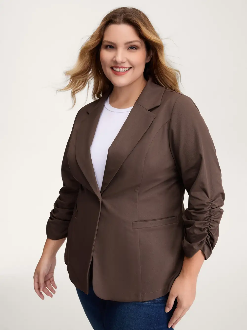 Notched Lapels Gathered Sleeve Blazer