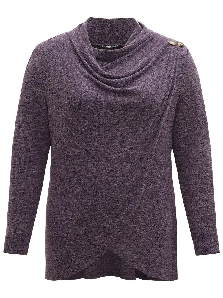 Plain Heather Cowl Neck Button Detail Sweatshirt