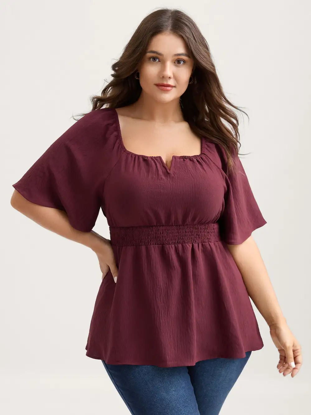 Stretchy Neckline Waist-Cinched Solid Blouse