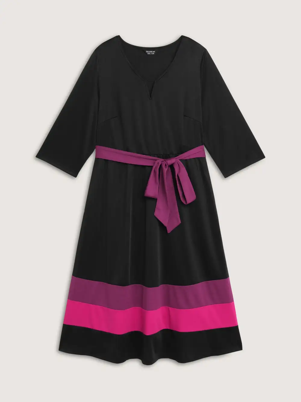 Color Contrast Stretchy Waist-Tie Midi Dress