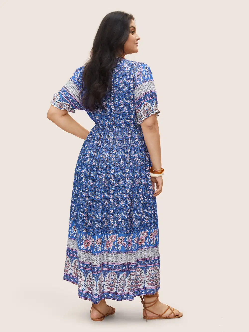 Boho Print Notched Ties Tassel Trim Dress