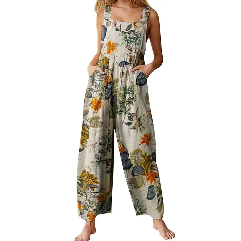 Women’s Boho Patchwork Jumpsuit-Floral Print, Dual Pockets, Wide-Leg Fit