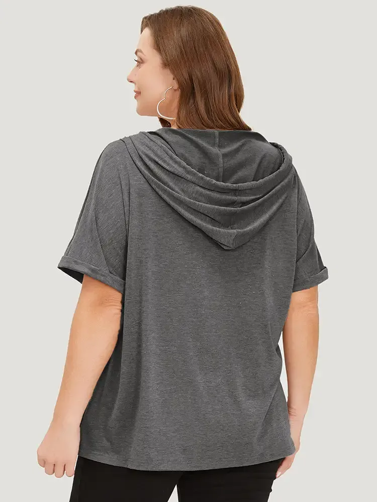 Plain Drawstring Roll Sleeve Button Up Hooded T-shirt