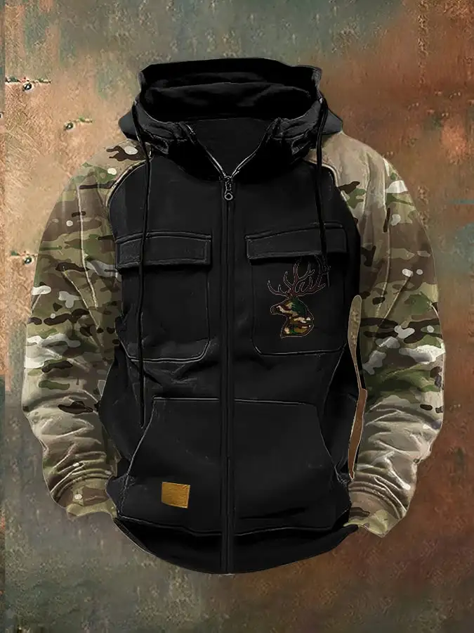 Men's Casual Retro Western Contrast Color Zipper Multifunctional Jacket