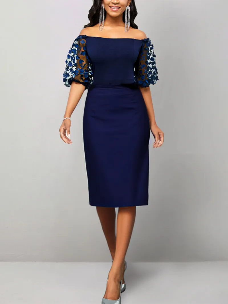 Women's blue embroidered bubble sleeved short sleeved buttocks wrapped dress