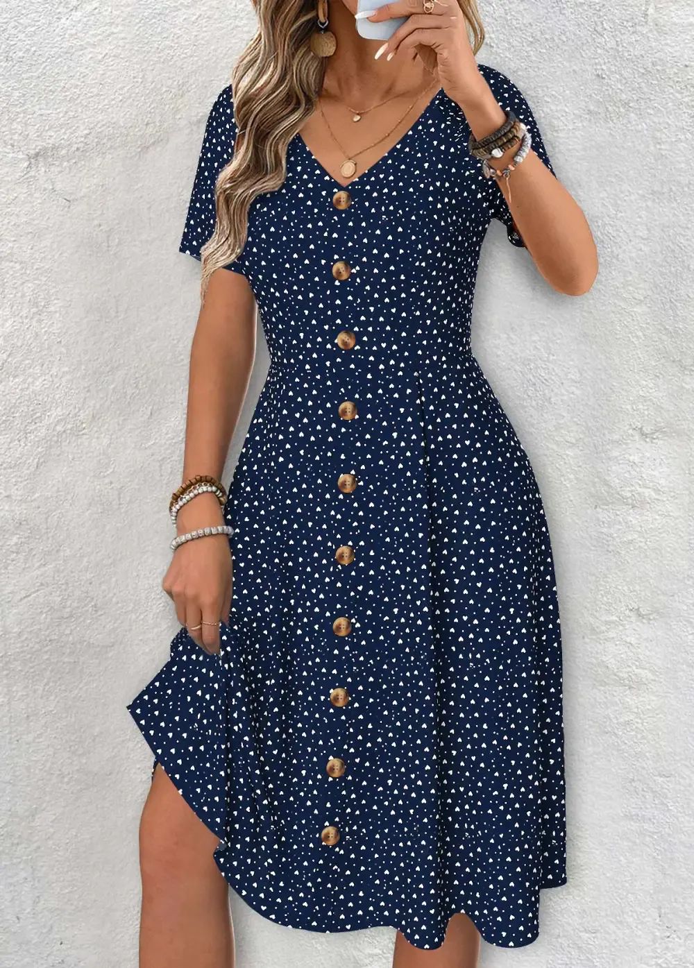 Navy Polka Dot Short Sleeve V Neck Dress