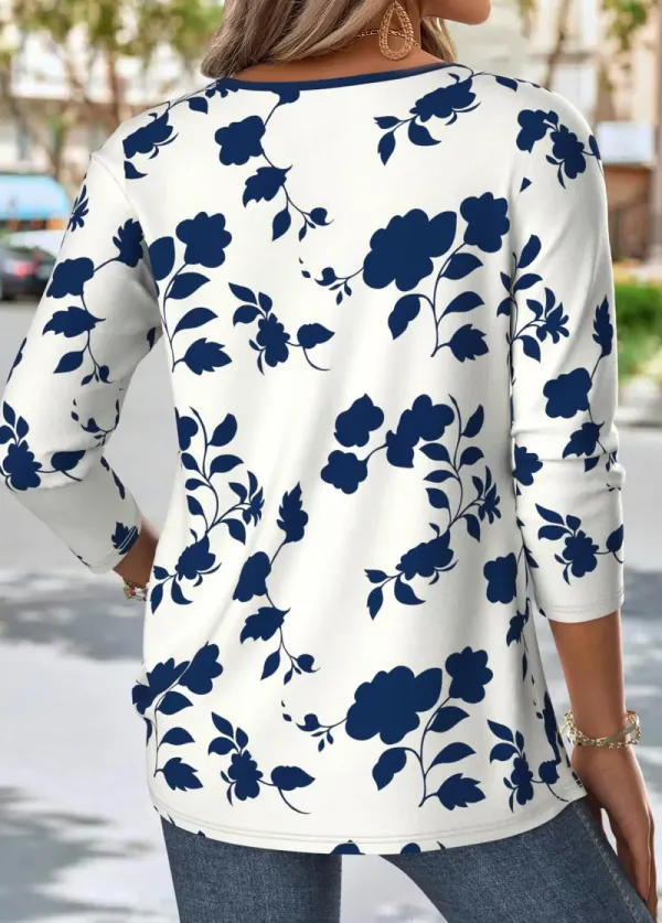 Navy Floral Print Long Sleeve Split Neck T Shirt
