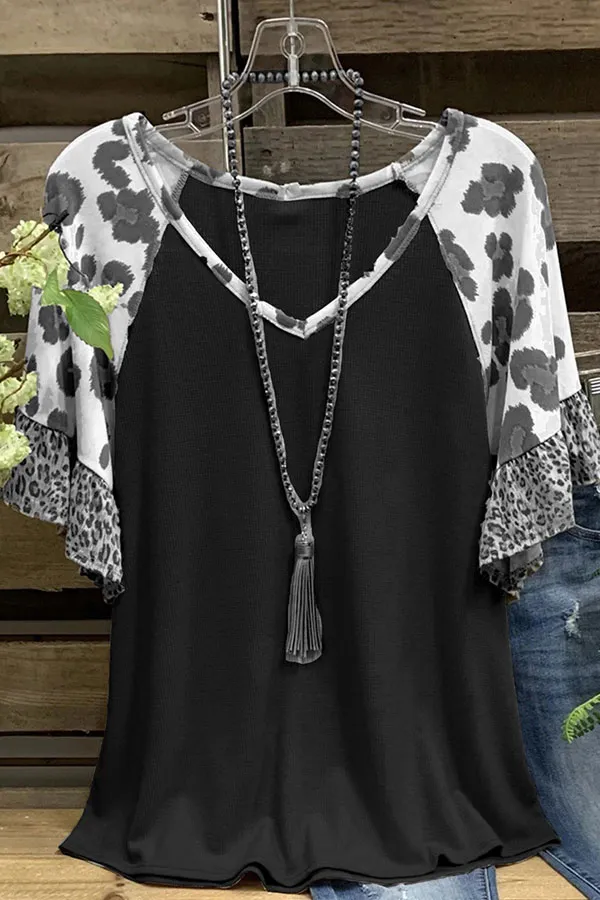 Leopard Print Ruffled Sleeve V-Neck T-Shirt