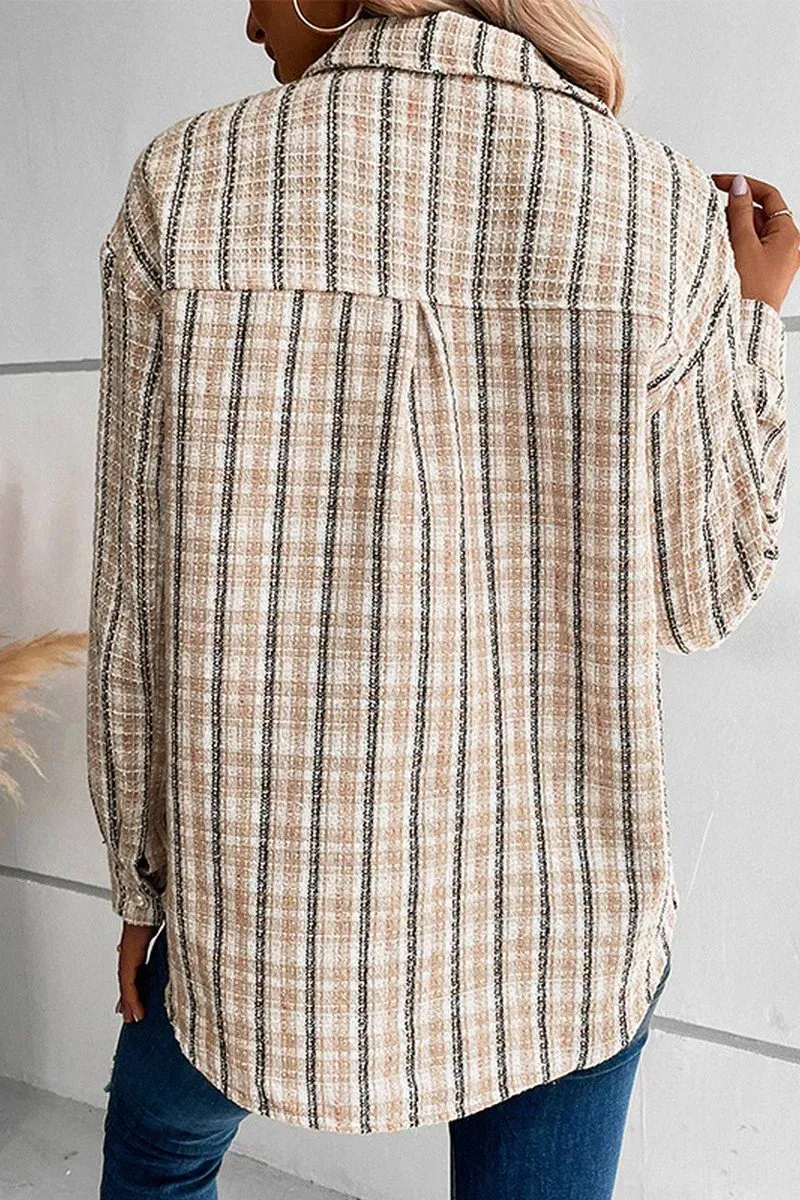 WOMEN CASUAL BUTTON CUFF PLAID POCKETS SHACKET