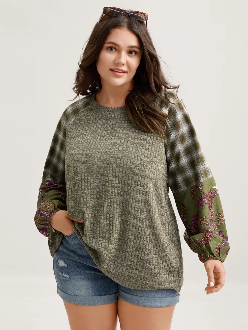 Plaid Sleeve Color Contrast Textured Sweatshirt