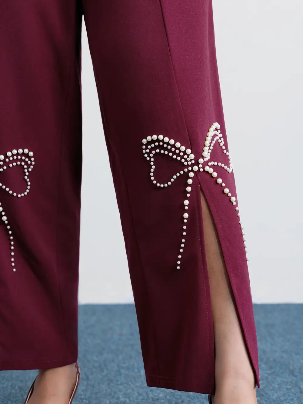 Bowknot Beads Slit Wide Waistband Pants