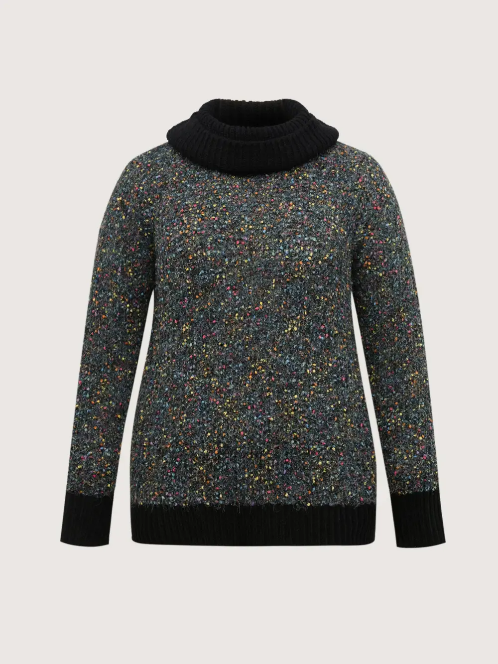 High Turtleneck Grainy Yarn Contrast Pullover