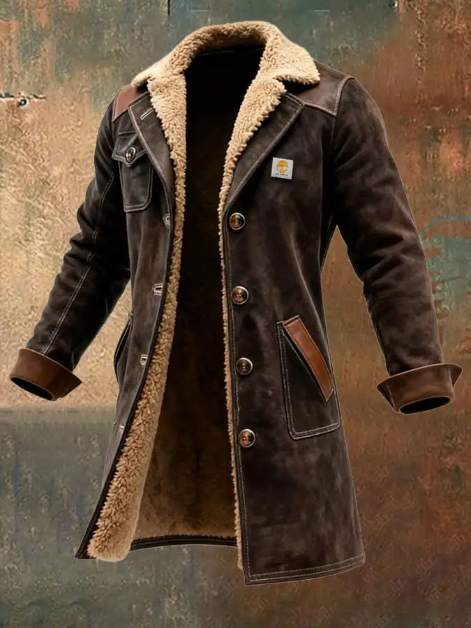 Men's Vintage Brown Shearling Coat With Fur Collar