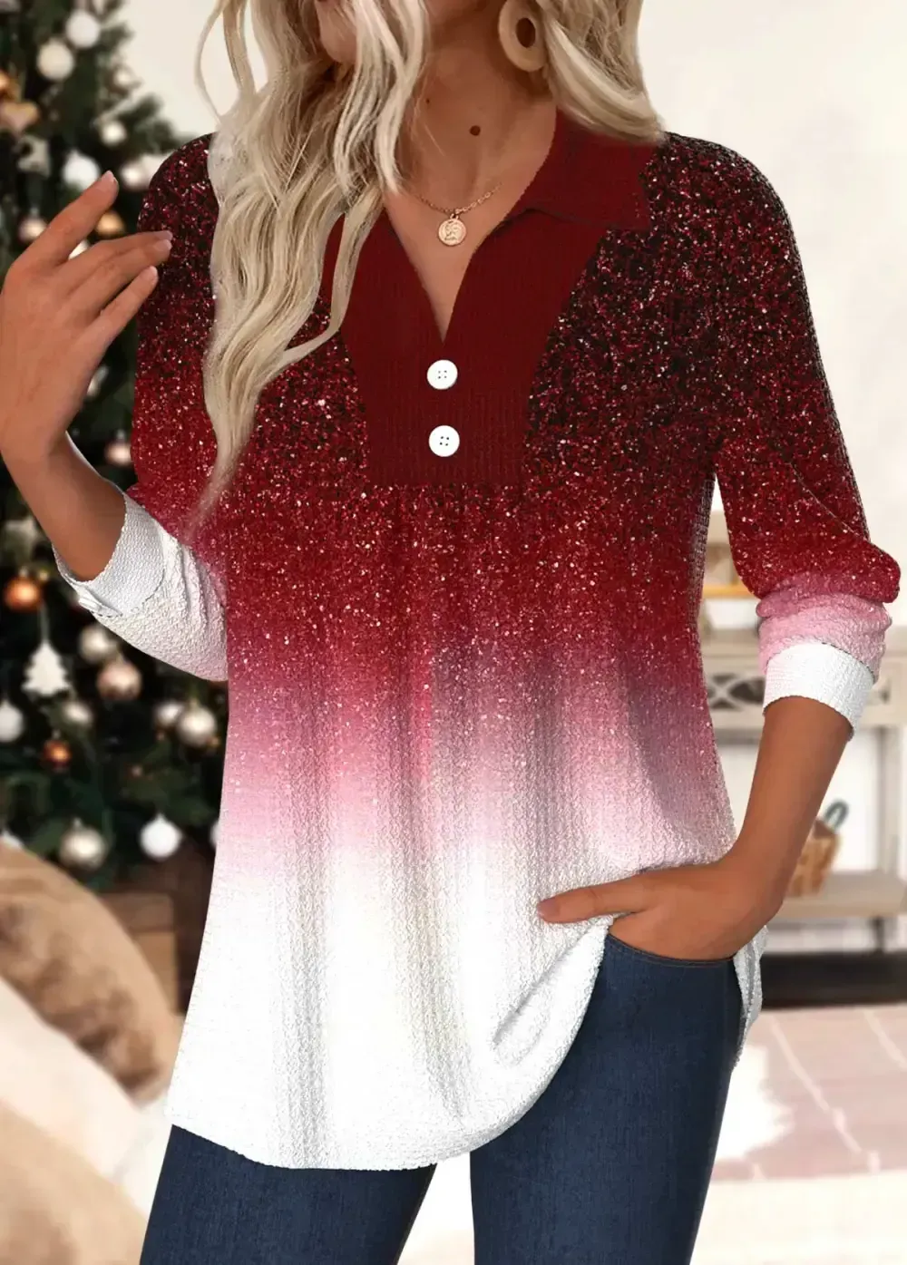 Red Patchwork Ombre Long Sleeve Turn Down Collar Shirt