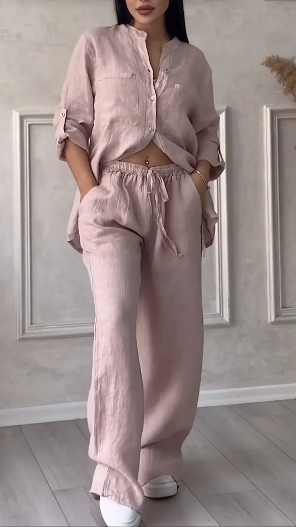 Women's V-neck Cotton and Linen Casual Suit