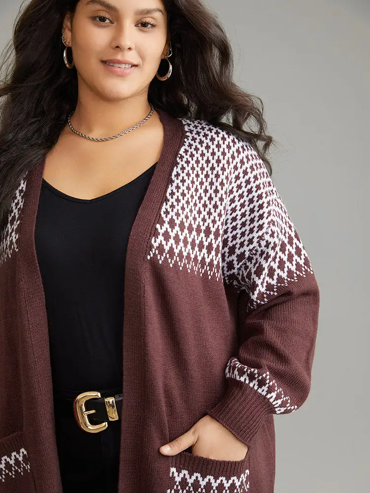 Geometric Contrast Patched Pocket Jacquard Cardigan