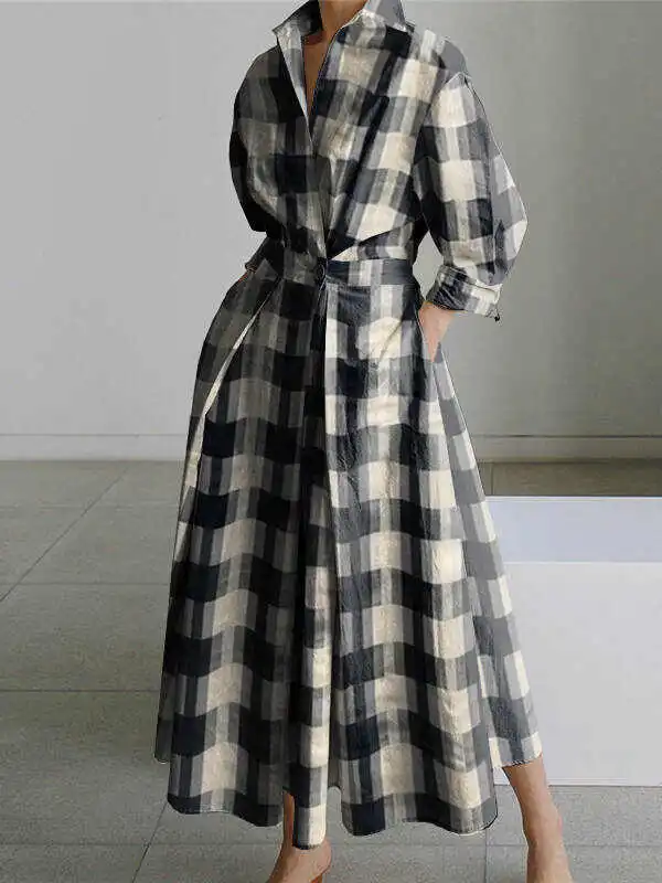 Urban Loose Long Sleeves Plaid Midi Dress Shirt Dress