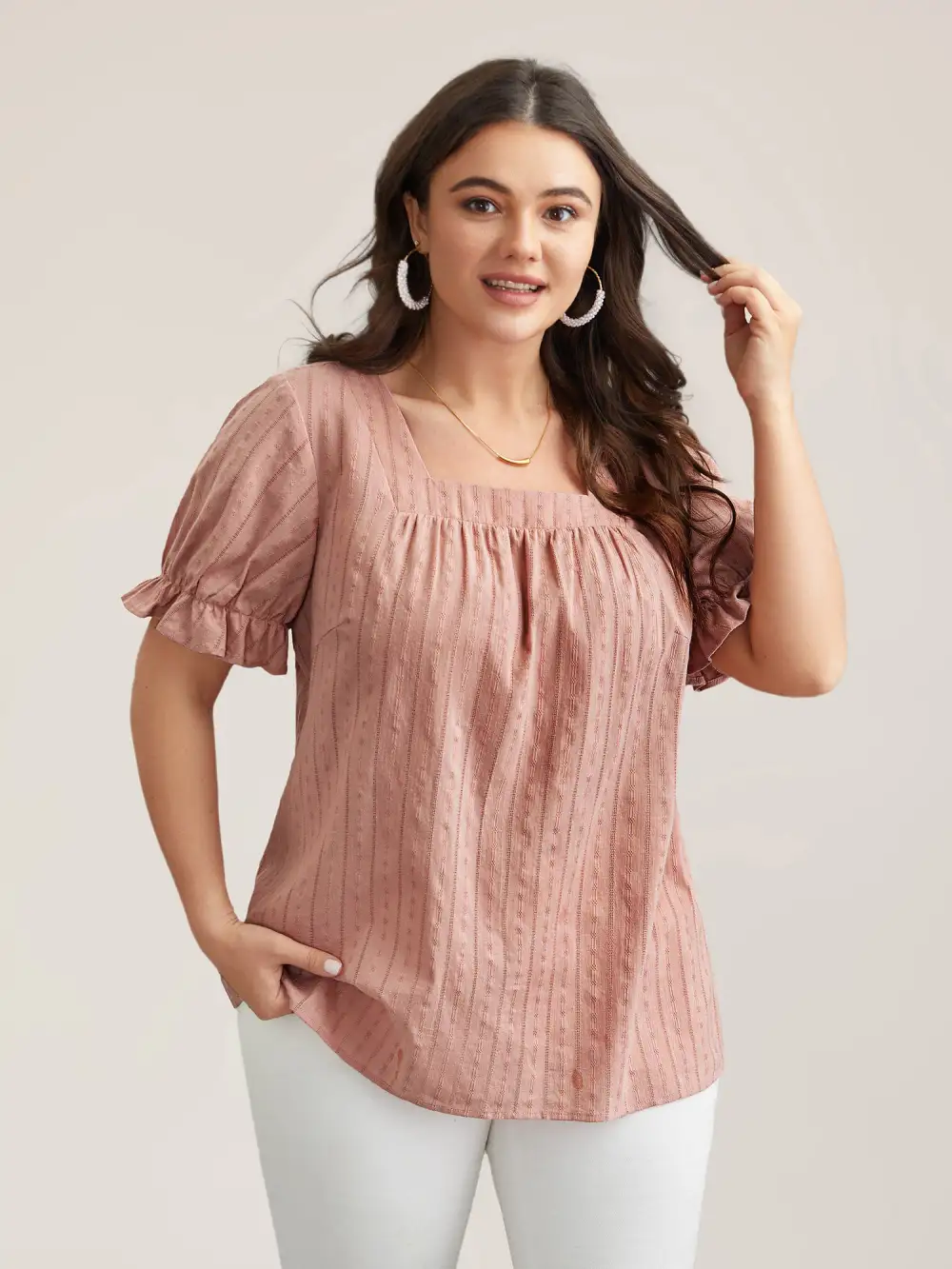 Cotton Square Neck Ruffled Sleeve Shirt