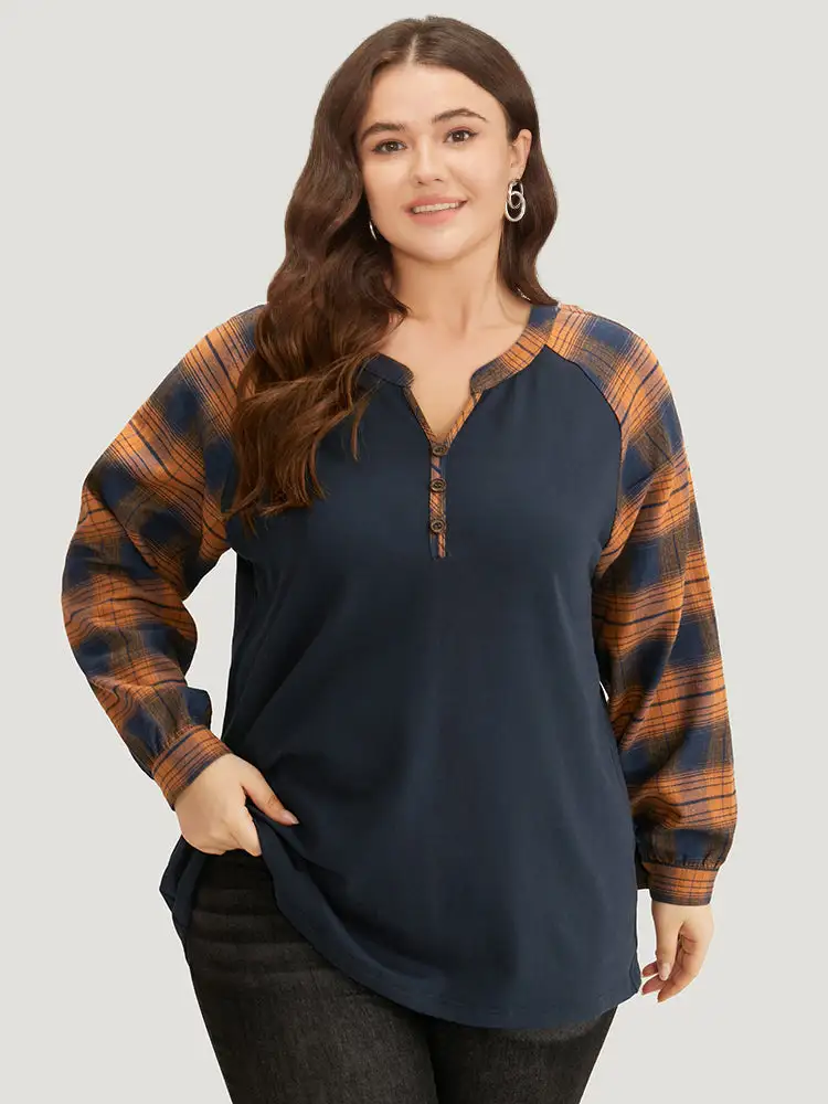 Plaid Patchwork Notched Button Detail Sweatshirt