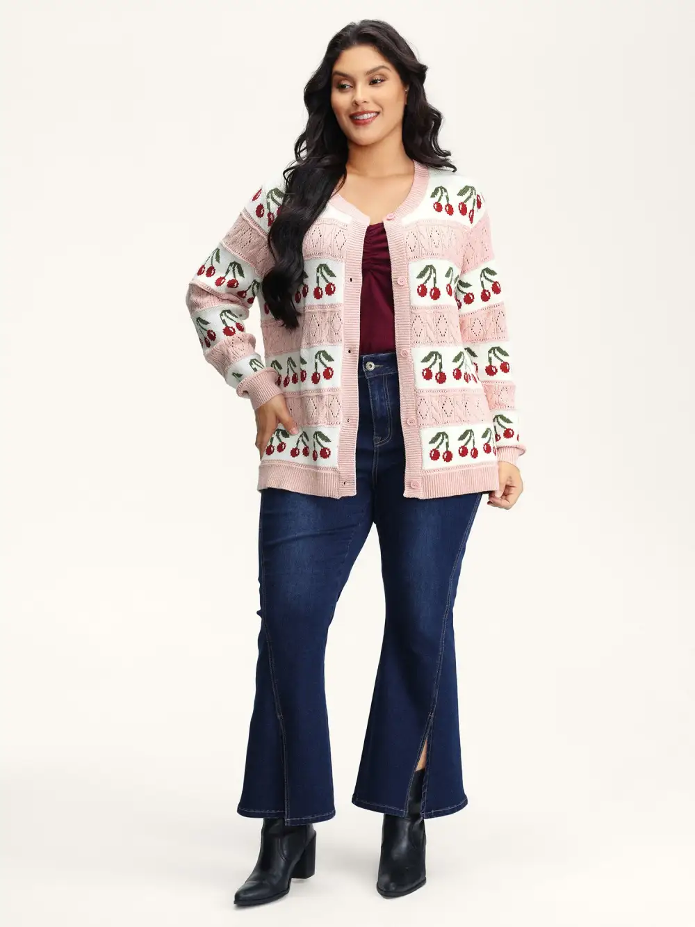 Cherry Jacquard Print Button Knit Cardigan