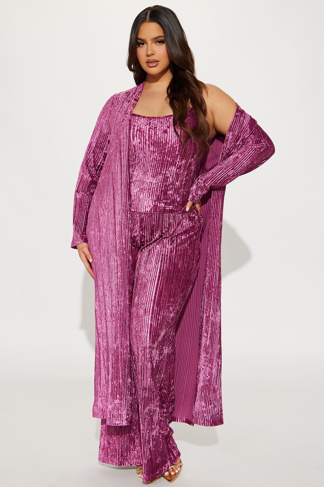 Carrie 3 Piece Velvet Plisse Pant Set - Plum