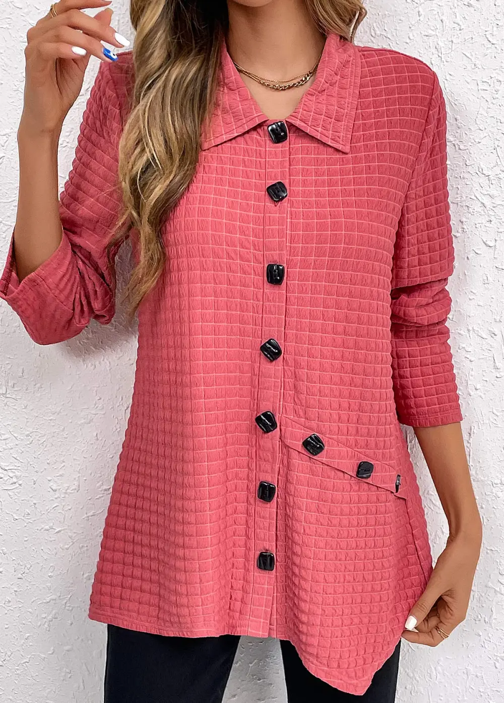 Coral Button Long Sleeve Shirt Collar Blouse