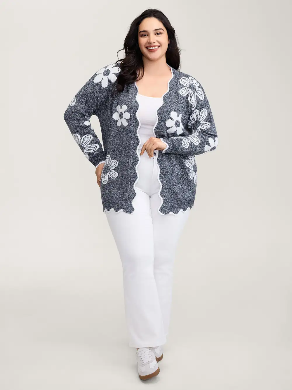 Floral Pattern Open-Front Knitted Cardigan