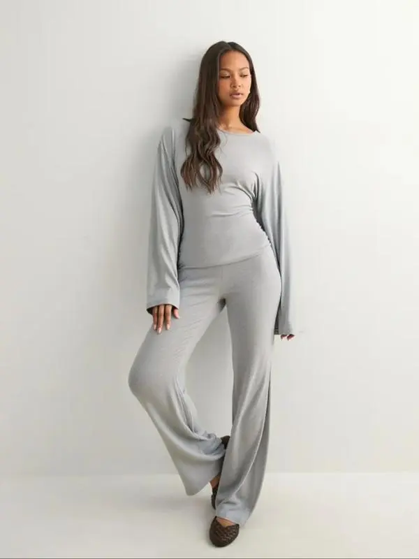 Women's Fall New Round Neck Flare Long Sleeve Top & Elastic Waist Straight Leg Pants Set