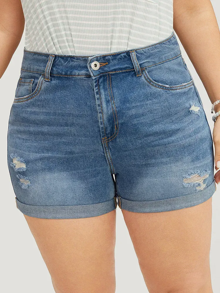 Skinny Very Stretchy Light Wash Roll Hem Distressed Denim Shorts