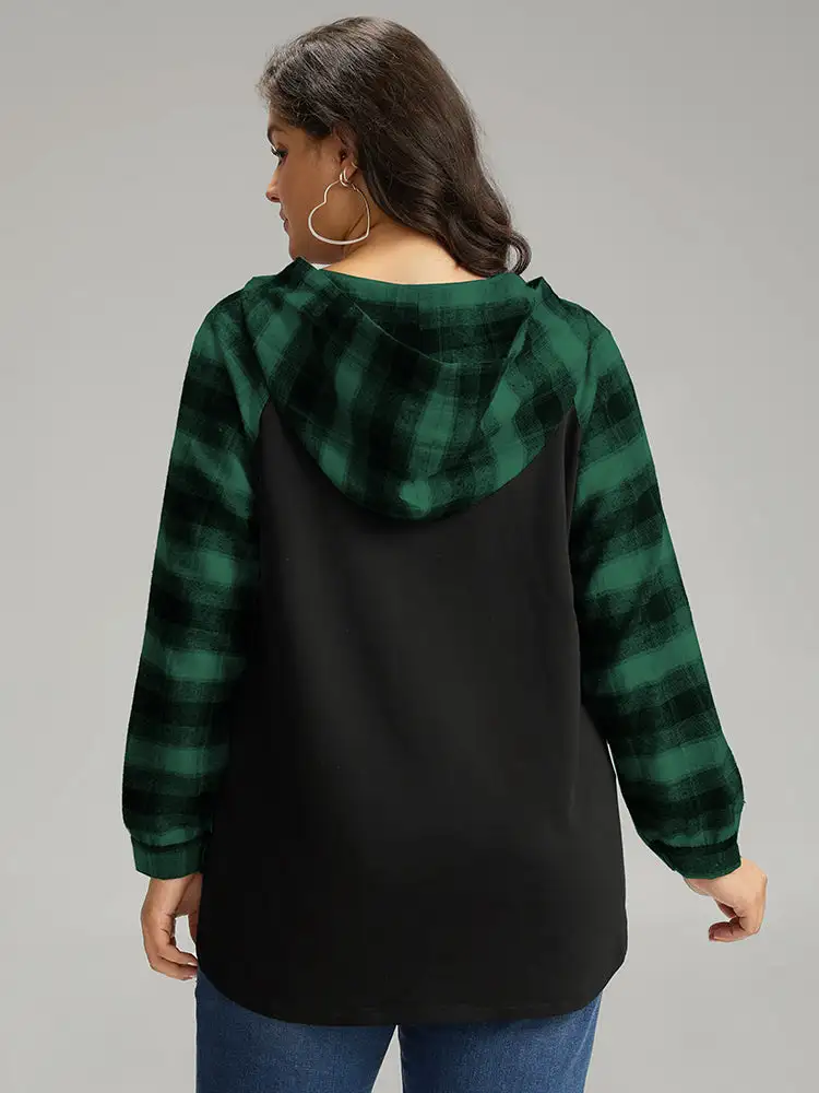Plaid Print Hooded Patchwork Sweatshirt
