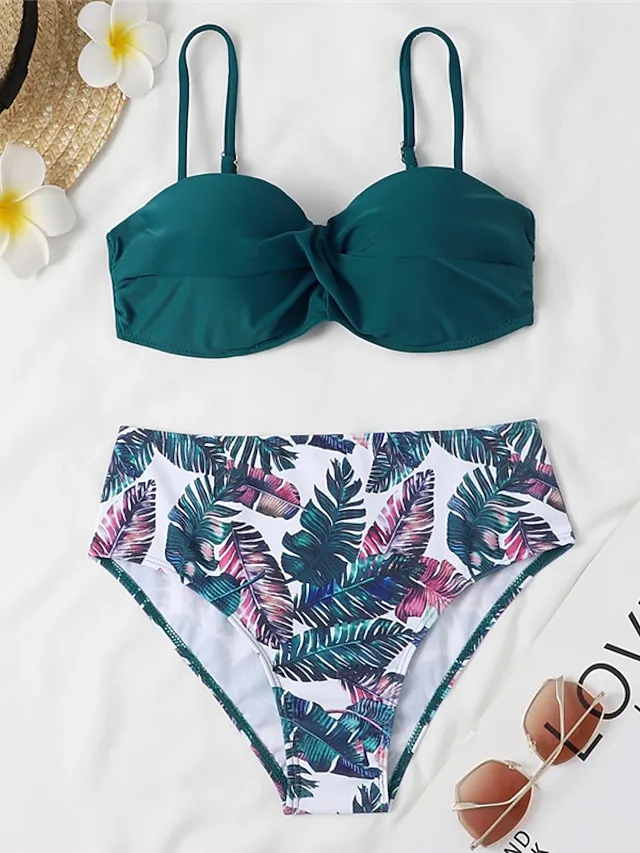 Women's Swimwear Bikini 2 Piece Normal Swimsuit 2 Piece Open Back Sexy Printing High Waisted Floral Leaves Black Yellow Navy Blue Royal Blue Blue Strap Bathing Suits Sexy Vacation Fashion
