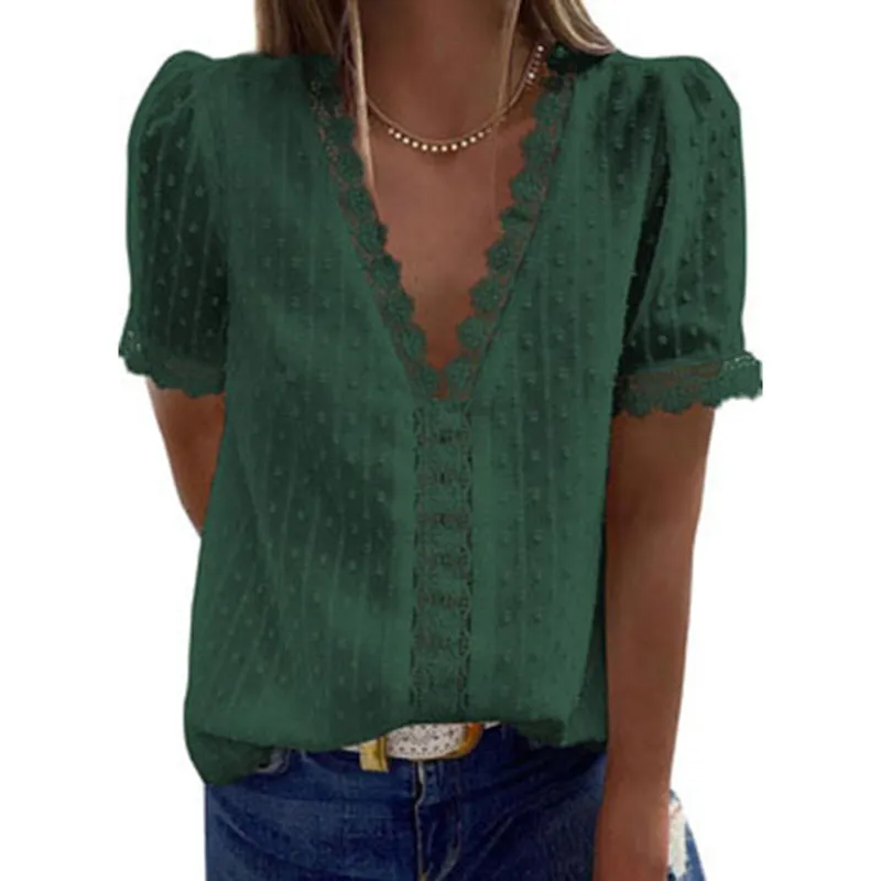 Solid V-Neckline Short Sleeve Blouses