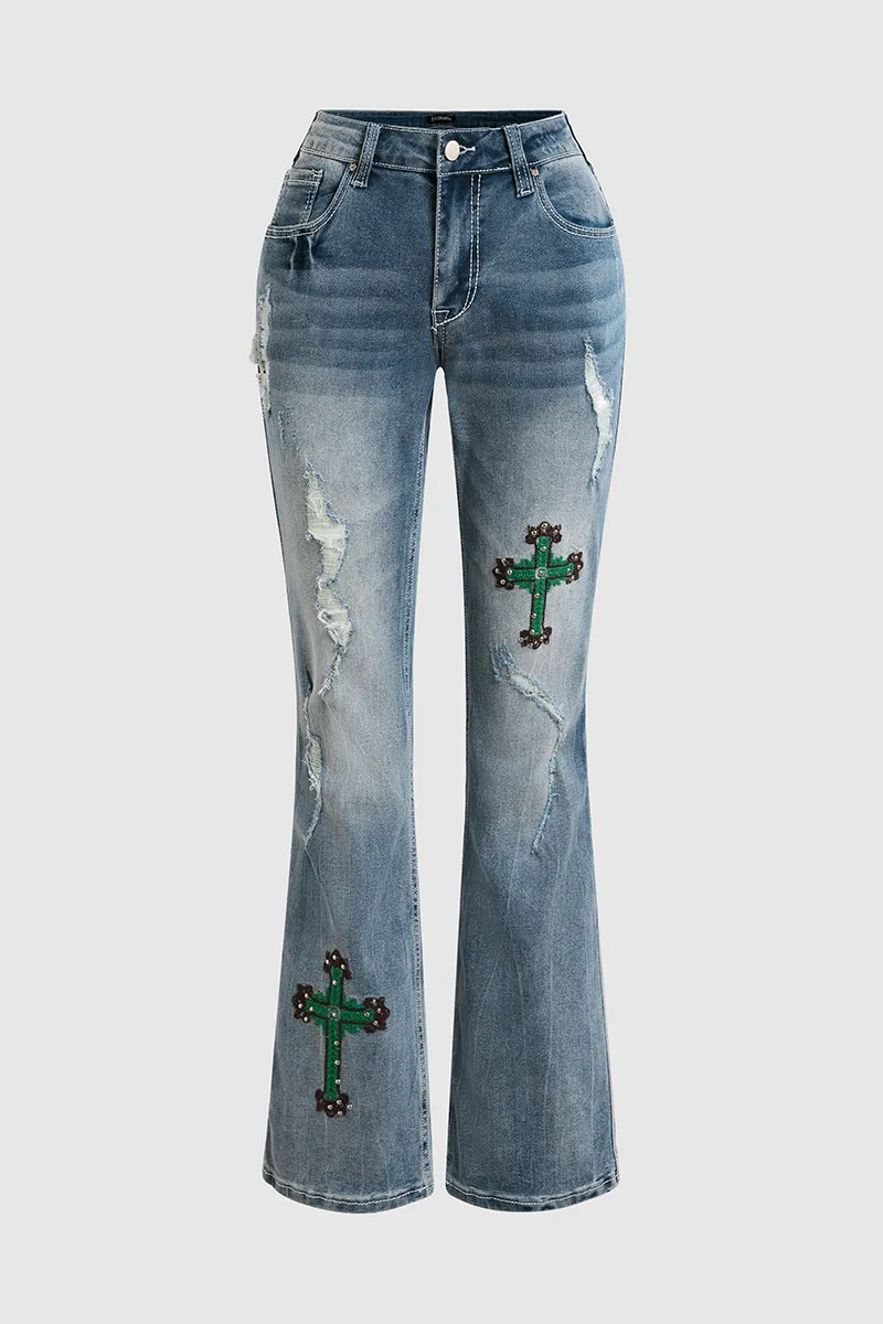Cross Embroidery Studded Ripped Bootcut Jeans