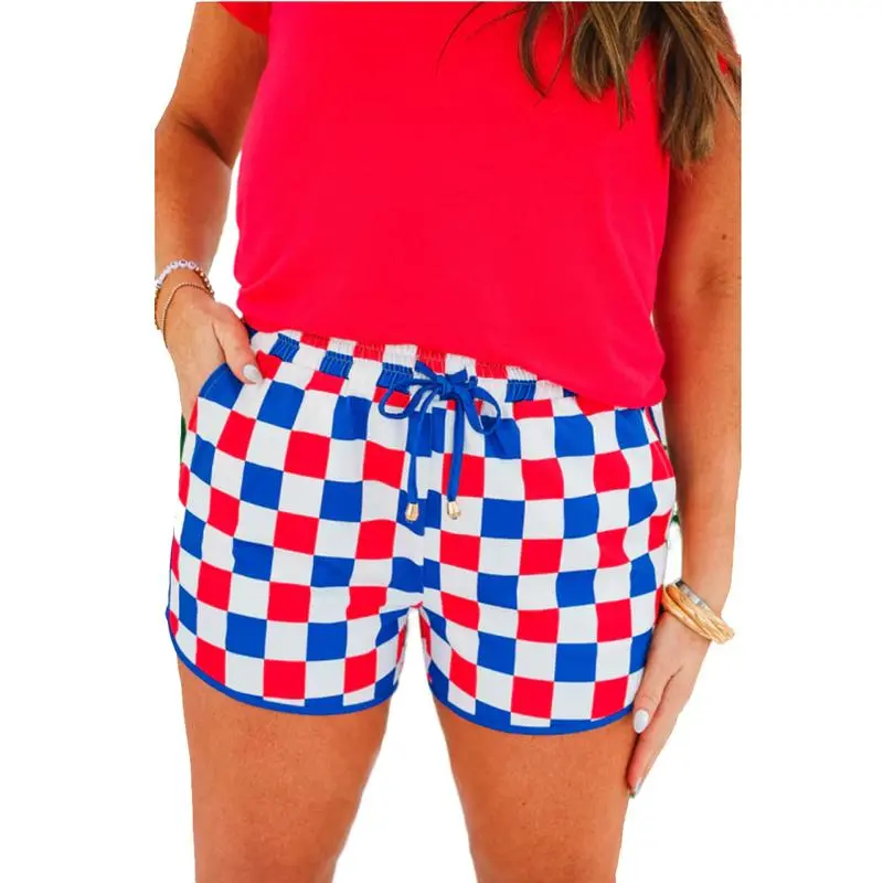 Women’s Checkered Drawstring Shorts – Elastic Waist, Casual Summer Style with Pockets